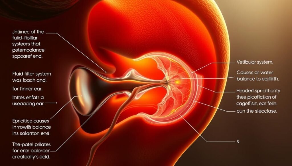 A detailed close-up view of a human inner ear, with a focus on the vestibular system and the fluid-filled labyrinth. The image showcases the intricate structures and pathways that govern balance and equilibrium, with a clear visual explanation of the potential causes and solutions for ear water imbalance. Rendered in a highly realistic, scientifically accurate style, the image is bathed in soft, warm lighting that emphasizes the delicate, organic nature of the subject matter. The background is subtly blurred, keeping the viewer's attention firmly on the complex, fascinating mechanics of the inner ear and its role in maintaining balance and spatial awareness.