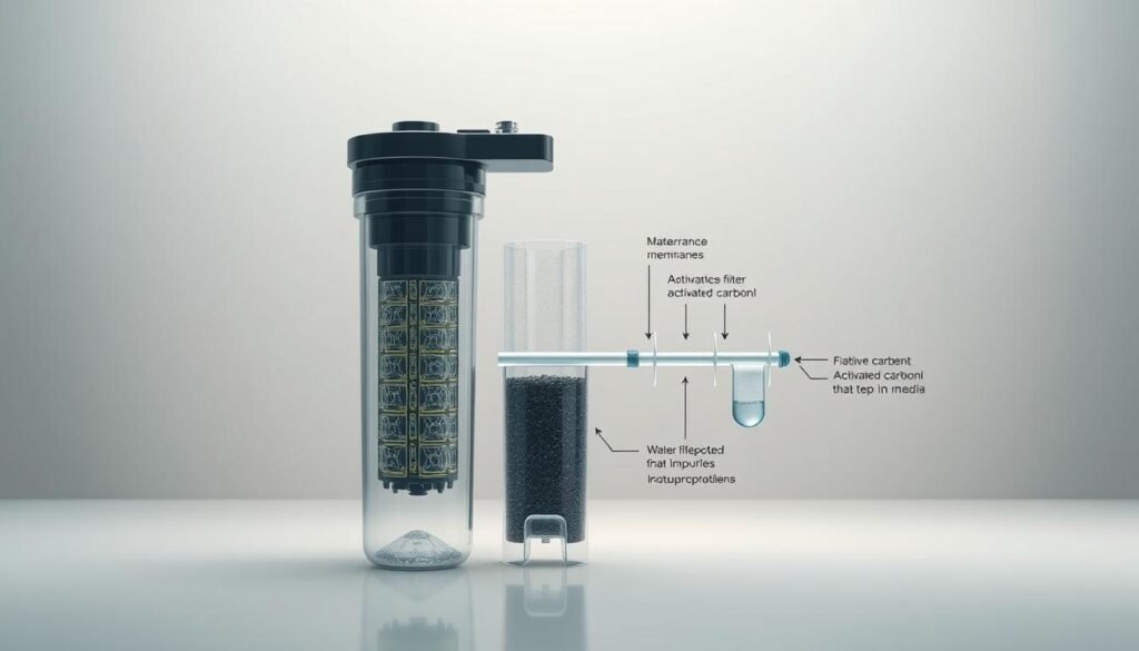 A detailed cross-section diagram of a water purification system, showcasing the various filtration stages. Prominent in the foreground is a clear filter housing, revealing the intricate network of membranes, activated carbon, and other media that trap impurities. The middle ground highlights the water flow path, with arrows and labels explaining the filtration process step-by-step. The background features a neutral, minimalist environment, allowing the technical details to take center stage. Lighting is soft and diffused, creating a clean, clinical atmosphere that emphasizes the efficiency and reliability of the filtration technology. The overall composition conveys a sense of thorough, well-engineered water purification, suitable for inclusion in an informative article about water quality and filter selection.