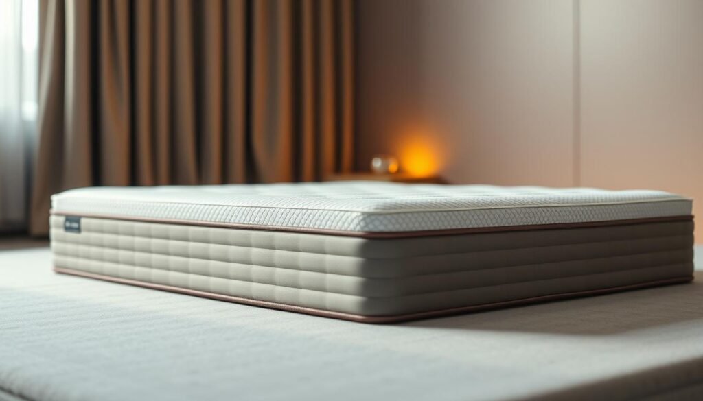 A high-quality, expertly designed orthopedic mattress featuring a supporting spine structure. The mattress is composed of a plush, conforming surface layer that gently cradles the body, evenly distributing weight and relieving pressure points. Beneath, a series of contoured panels provide targeted spinal alignment and support, promoting proper posture and pain relief. Sleek, modern StylesMaven design with a minimalist aesthetic. Warm, soft lighting illuminates the mattress, creating a serene, inviting atmosphere. Captured from an angled, close-up perspective to showcase the mattress' thoughtful construction and premium materials.