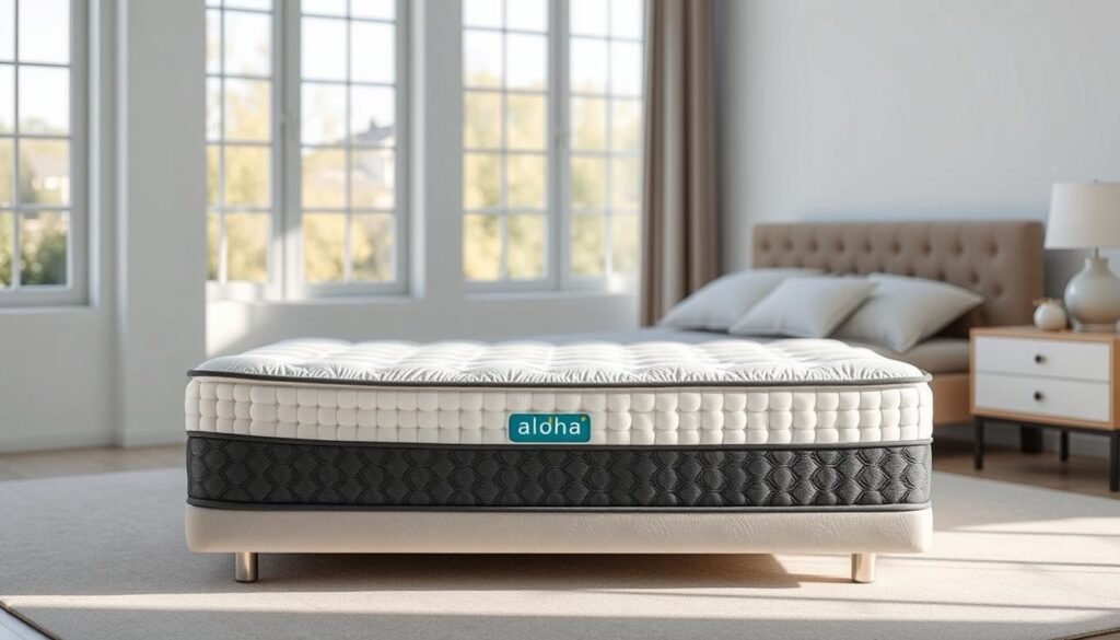 A high-quality, independent, pocket spring mattress by the Aloha brand, with a soft, plush surface and intricate coil system for superior comfort and support. The mattress is showcased in a bright, airy bedroom setting, with natural light filtering in through large windows. The mattress is the focal point, with a clean, minimalist background that allows the craftsmanship and materials to shine. The image conveys a sense of relaxation, comfort, and premium quality, reflecting the section title's emphasis on selecting a high-quality spring mattress.