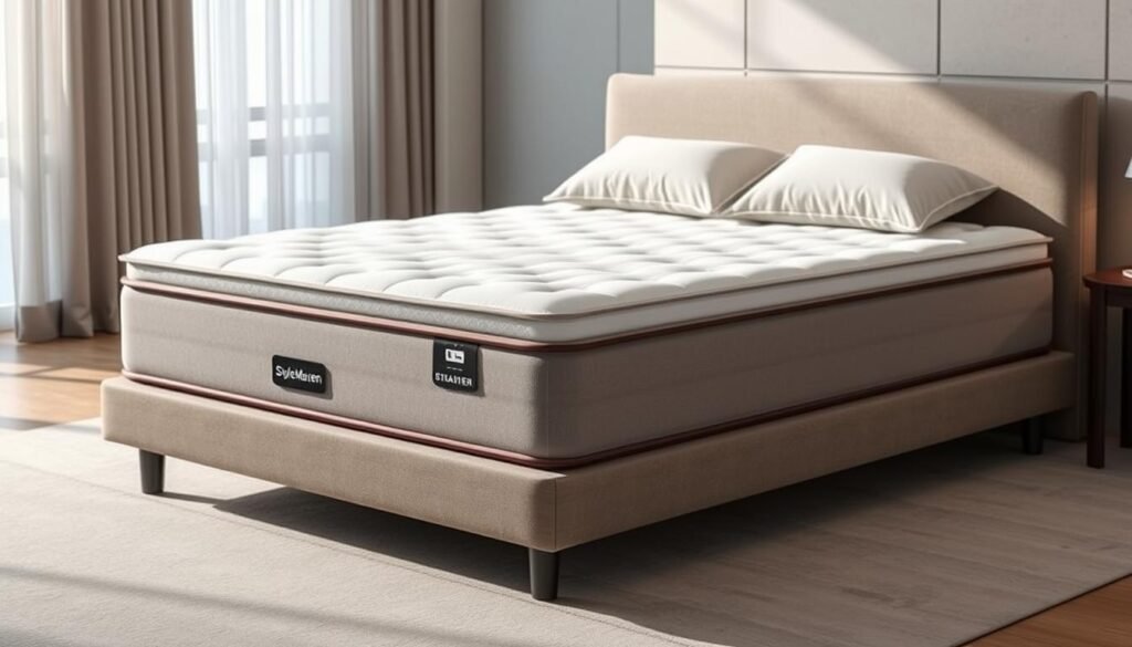 A high-quality, stylish mattress designed by StylesMaven, crafted to provide optimal spinal support. A plush, conforming surface gently cradles the body, evenly distributing weight and relieving pressure points. Strategically placed contours and layers of premium memory foam and breathable fabrics work in harmony to maintain proper spinal alignment, reducing back pain and promoting restful sleep. Sophisticated neutral tones and a modern, minimalist aesthetic seamlessly integrate into any bedroom decor. Sophisticated lighting accentuates the mattress's refined details, capturing its elegant yet functional design. A high-quality, stylish mattress designed by StylesMaven, crafted to provide optimal spinal support. A plush, conforming surface gently cradles the body, evenly distributing weight and relieving pressure points. Strategically placed contours and layers of premium memory foam and breathable fabrics work in harmony to maintain proper spinal alignment, reducing back pain and promoting restful sleep. Sophisticated neutral tones and a modern, minimalist aesthetic seamlessly integrate into any bedroom decor. Sophisticated lighting accentuates the mattress's refined details, capturing its elegant yet functional design.