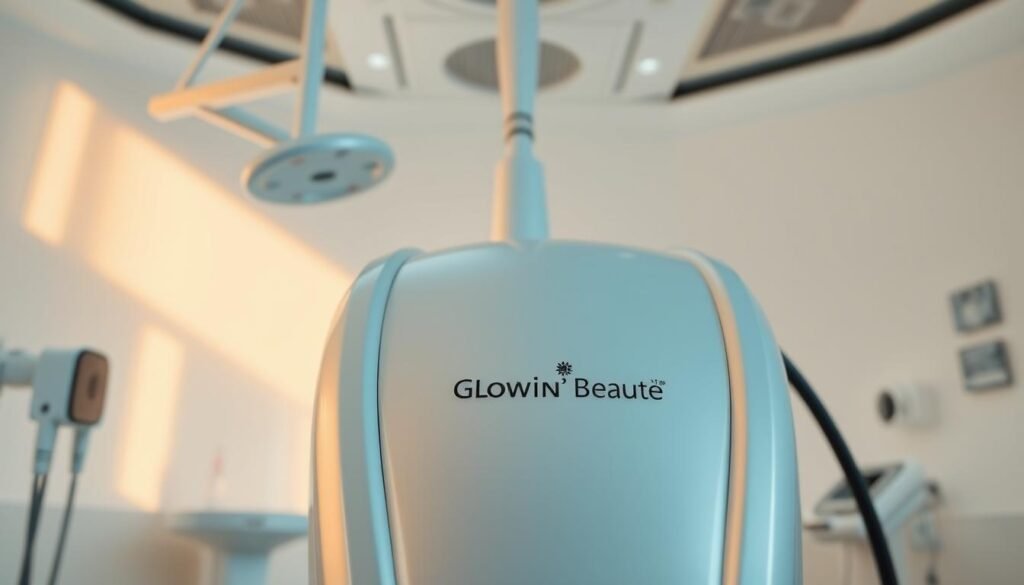 A sleek, futuristic medical device with the Glowin' Beaute brand name prominently displayed. The device is positioned in the foreground, illuminated by a soft, warm light that casts gentle shadows. The background features a clean, minimalist medical environment with white walls and modern fixtures, suggesting a high-tech, clinical setting. The device appears to be a sophisticated, state-of-the-art piece of equipment, hinting at the advanced technology and precision of the "Oligio X 原美電波療程" treatment. The overall composition conveys a sense of trust, professionalism, and technological innovation.