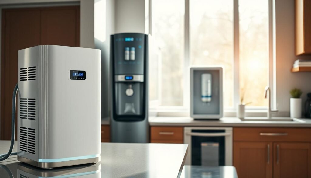 A sleek, modern kitchen with a variety of water purification systems prominently displayed. In the foreground, a countertop reverse osmosis unit filters drinking water, its crisp white housing and digital display catching the warm, natural light streaming in from a nearby window. In the middle ground, a bulky freestanding water cooler with a multistage filtration system stands ready to provide purified chilled and hot water. In the background, a compact under-sink unit is integrated seamlessly into the cabinetry, its discreet design belying its powerful water-cleaning capabilities. The overall scene conveys a sense of clean, healthy living and a commitment to responsible water consumption. A sleek, modern kitchen with a variety of water purification systems prominently displayed. In the foreground, a countertop reverse osmosis unit filters drinking water, its crisp white housing and digital display catching the warm, natural light streaming in from a nearby window. In the middle ground, a bulky freestanding water cooler with a multistage filtration system stands ready to provide purified chilled and hot water. In the background, a compact under-sink unit is integrated seamlessly into the cabinetry, its discreet design belying its powerful water-cleaning capabilities. The overall scene conveys a sense of clean, healthy living and a commitment to responsible water consumption.