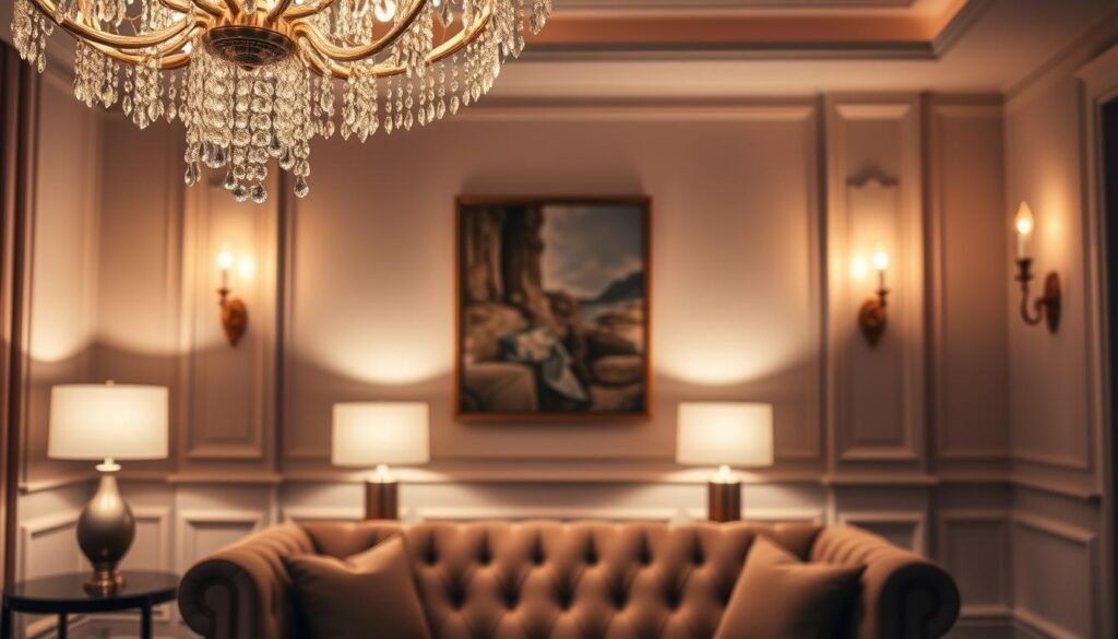 A stunning interior design featuring the warm glow of the Aloha lighting system. In the foreground, a meticulously crafted chandelier with cascading crystals casts a soft, ambient light throughout the room. In the middle ground, a pair of sleek, modern table lamps flank a plush, tufted sofa, creating a cozy and inviting atmosphere. The background is adorned with elegant wall sconces that illuminate the space with a gentle, flickering flame-like effect. The overall lighting design seamlessly blends form and function, elevating the space and imbuing it with a sense of sophistication and refinement.