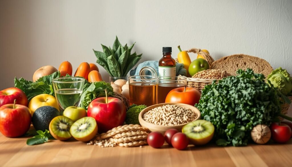 A vibrant still life showcasing a variety of healthy foods and beverages arranged on a wooden table, with a serene and calming atmosphere. The foreground features an assortment of fresh fruits, vegetables, and whole grains, such as apples, kiwis, leafy greens, and whole-wheat bread. The middle ground presents a glass of water, a mug of herbal tea, and a bottle of natural supplements, all symbolizing the importance of hydration and dietary adjustments for managing inner ear imbalance. The background depicts a minimalist, neutral-toned wall, allowing the vibrant colors and textures of the food items to take center stage. The lighting is soft and natural, creating a soothing and inviting ambiance that reflects the restorative nature of the recommended dietary changes. A vibrant still life showcasing a variety of healthy foods and beverages arranged on a wooden table, with a serene and calming atmosphere. The foreground features an assortment of fresh fruits, vegetables, and whole grains, such as apples, kiwis, leafy greens, and whole-wheat bread. The middle ground presents a glass of water, a mug of herbal tea, and a bottle of natural supplements, all symbolizing the importance of hydration and dietary adjustments for managing inner ear imbalance. The background depicts a minimalist, neutral-toned wall, allowing the vibrant colors and textures of the food items to take center stage. The lighting is soft and natural, creating a soothing and inviting ambiance that reflects the restorative nature of the recommended dietary changes.