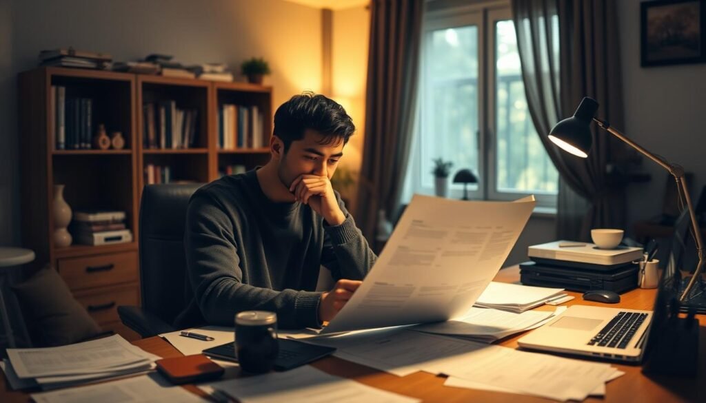 A cozy home office scene with a person sitting at a desk, reviewing financial documents and contemplating their options for a small personal loan. Soft, warm lighting illuminates the space, creating an atmosphere of thoughtful consideration. The desk is cluttered with papers, a laptop, and a few personal items, suggesting the borrower's diligence and concern over their financial situation. The background features a bookshelf and a window, hinting at the individual's desire for financial stability and control. The overall mood is one of quiet contemplation, with the figure appearing deep in thought as they weigh the pros and cons of their decision.