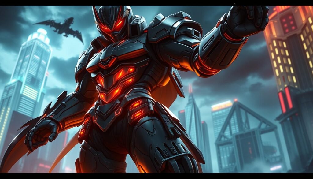 A detailed illustration of the &quot;測試版雷神&quot; character, showcasing their powerful abilities and striking presence. The character stands tall, adorned in a sleek, high-tech suit with intricate armored elements, conveying a sense of strength and technological sophistication. Dramatic lighting casts shadows and highlights the character's imposing figure, creating a bold and cinematic atmosphere. The background features a futuristic, UTown-inspired cityscape, with gleaming skyscrapers and a moody, atmospheric sky. The overall composition and details capture the essence of the &quot;測試版雷神&quot; character and the section's focus on the game's mechanics and strategies.