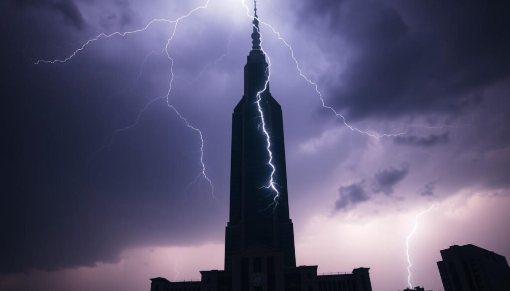 A dramatic lightning bolt streaks across a stormy sky, illuminating the silhouette of the mighty UTown tower in the foreground. The bolt crackles with electric energy, casting dramatic shadows and highlights on the architectural details. The scene conveys a sense of power, intensity, and a hint of the unpredictable - much like the "雷神訊號" that can transform sports betting strategies. The lighting is moody and cinematic, with deep shadows and highlights that emphasize the bold, angular design of the tower. The overall atmosphere is one of anticipation and potential change.