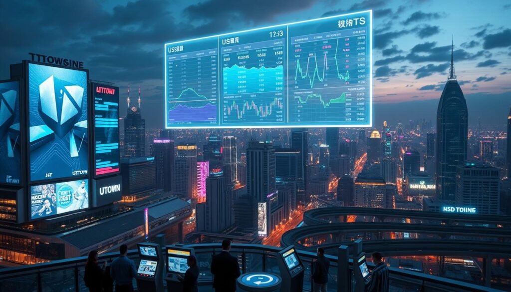 A futuristic city skyline at night, illuminated by the glow of digital billboards and neon lights. In the foreground, a large holographic display hovers above the UTown district, showcasing a dynamic visualization of sports betting odds and strategies. The display features sleek, minimalist graphics and a color palette of blues, purples, and greens, creating an atmosphere of technological sophistication. In the middle ground, a group of people gather around interactive kiosks, intently studying the data and making informed decisions about their USDT investments. The background is a panoramic view of the city, with skyscrapers and elevated rail lines cutting through the urban landscape. The overall scene conveys a sense of the power and precision of the "雷神訊號體育博彩策略" - a cutting-edge system for optimizing USDT investments in the world of sports betting.