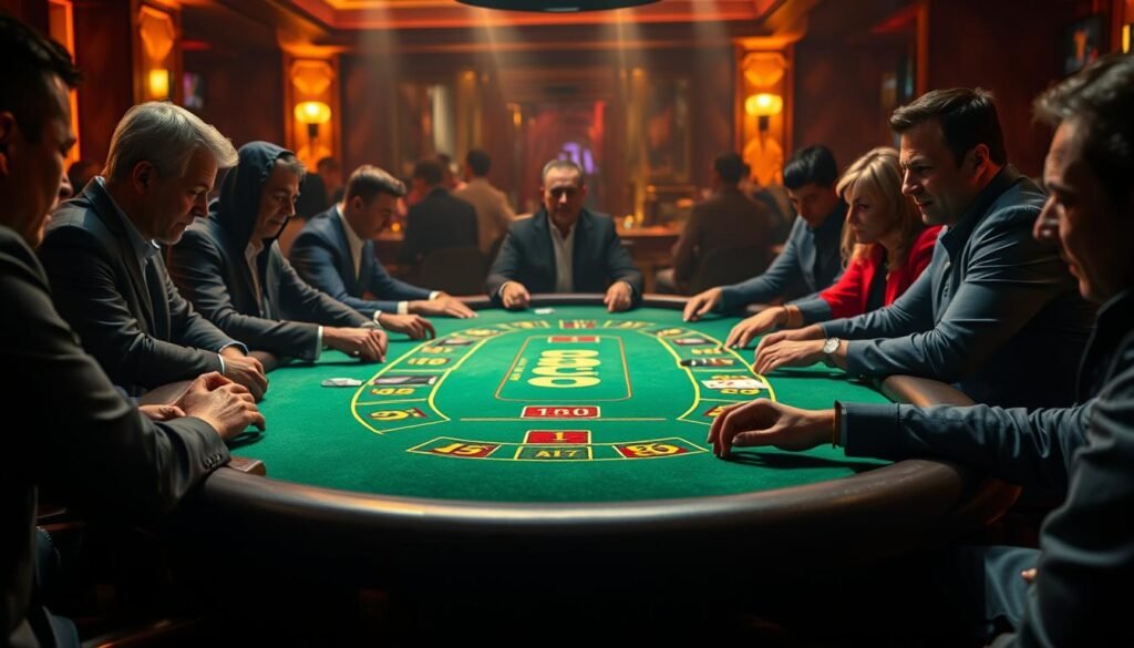 A high-quality photograph of a UTown branded table with a green felt surface, surrounded by players engaged in an intense game of T9 Baccarat. The table is illuminated by warm, directional lighting, casting dramatic shadows and highlights on the players' faces. The scene exudes an air of excitement and anticipation, with the players' expressions conveying a mix of concentration and eagerness. The background is blurred, placing the focus entirely on the table and the engaged participants. The overall composition and lighting create a visually captivating and immersive gaming atmosphere. A high-quality photograph of a UTown branded table with a green felt surface, surrounded by players engaged in an intense game of T9 Baccarat. The table is illuminated by warm, directional lighting, casting dramatic shadows and highlights on the players' faces. The scene exudes an air of excitement and anticipation, with the players' expressions conveying a mix of concentration and eagerness. The background is blurred, placing the focus entirely on the table and the engaged participants. The overall composition and lighting create a visually captivating and immersive gaming atmosphere.