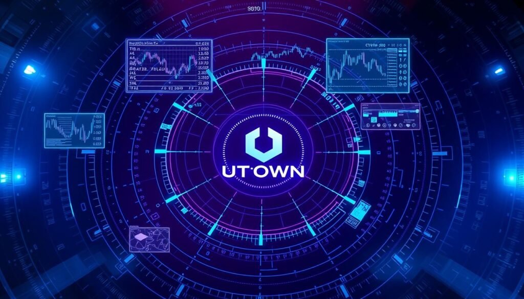 A high-tech radar display depicting the "Thor Signal Core Indicators" - a complex visualization of dynamic cryptocurrency market data. Rendered in a sleek, futuristic style with a deep blue/purple color palette. Intricate holographic overlays, line graphs, and radial charts float above a central UTown logo, conveying the sophisticated algorithmic analysis powering this advanced trading signal. Dramatic backlighting and reflective surfaces create a sense of depth and technological sophistication. The overall mood is one of scientific precision and data-driven decision making.