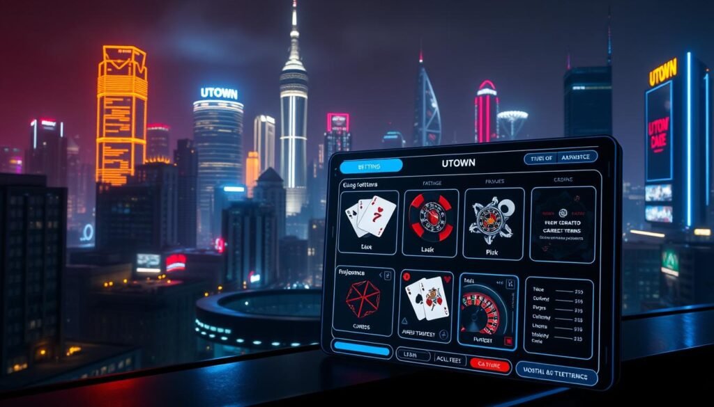 A neon-lit cityscape, the iconic "UTown" skyline shimmering in the night. In the foreground, a stylized interface showcases a menu of betting options - dice, roulette, cards, and more. The UI elements are sleek and modern, reflecting the high-tech atmosphere. Soft lighting casts dramatic shadows, creating a sense of depth and drama. The overall mood is one of anticipation and excitement, inviting the viewer to dive into the thrilling world of new betting strategies.