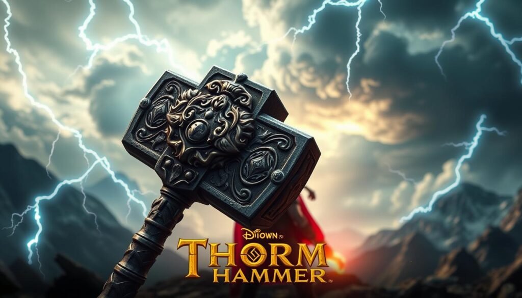 A striking illustration of the unique features and gameplay mechanics of the UTown "Thor's Hammer" game. Set in a dynamic, Norse-inspired fantasy realm, the scene depicts the wielding of Thor's legendary hammer, Mjolnir, amidst dramatic lightning bolts and swirling storm clouds. The foreground showcases the intricate detailing of the hammer's ornate design, radiating a sense of power and mysticism. In the middle ground, a heroic figure stands ready to unleash the hammer's mighty abilities, their stance and expression conveying a fierce determination. The background immerses the viewer in the game's sweeping, cinematic atmosphere, with majestic mountains and a dramatic, cloud-filled sky lending an epic, larger-than-life quality to the overall composition. A striking illustration of the unique features and gameplay mechanics of the UTown "Thor's Hammer" game. Set in a dynamic, Norse-inspired fantasy realm, the scene depicts the wielding of Thor's legendary hammer, Mjolnir, amidst dramatic lightning bolts and swirling storm clouds. The foreground showcases the intricate detailing of the hammer's ornate design, radiating a sense of power and mysticism. In the middle ground, a heroic figure stands ready to unleash the hammer's mighty abilities, their stance and expression conveying a fierce determination. The background immerses the viewer in the game's sweeping, cinematic atmosphere, with majestic mountains and a dramatic, cloud-filled sky lending an epic, larger-than-life quality to the overall composition.