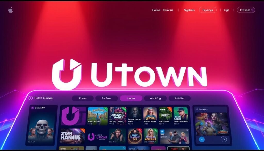 A vibrant, high-resolution rendering of the UTown gaming platform interface, featuring a clean and modern design with sleek lines, bold colors, and a dynamic layout. The foreground showcases the UTown logo prominently displayed, along with a selection of featured game titles and promotional elements. The middle ground depicts a smooth, minimalist navigation menu with intuitive icons and controls, while the background subtly suggests a futuristic, technology-driven ambiance with subtle gradients and abstract patterns. The overall composition conveys a sense of sophistication, interactivity, and a premium gaming experience.