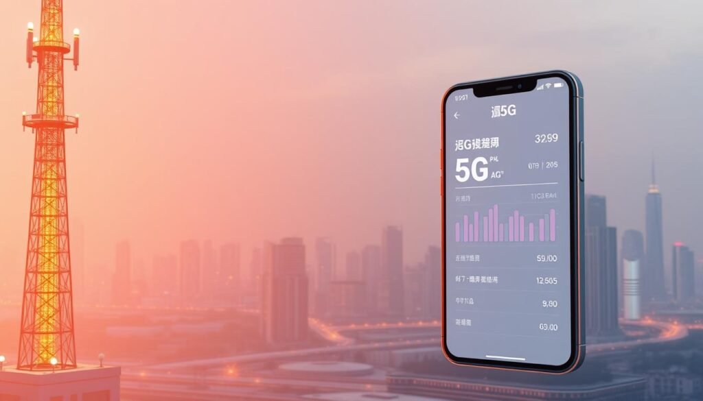 A visually striking digital illustration depicting the concept of "5G Plan數據節省". In the foreground, a Telecombrother 5G tower stands tall, emitting a warm, futuristic glow. In the middle ground, a smartphone screen displays a detailed breakdown of data usage and savings, showcasing the efficiency of the 5G plan. The background features a cityscape, with skyscrapers and infrastructure, conveying the technological advancement and connectivity of the 5G network. The overall scene has a sleek, minimalist aesthetic, with a focus on clean lines, muted colors, and a sense of balance and harmony. The lighting is soft and directional, creating depth and dimension, while the camera angle is slightly elevated, providing an immersive, bird's-eye view of the scene.