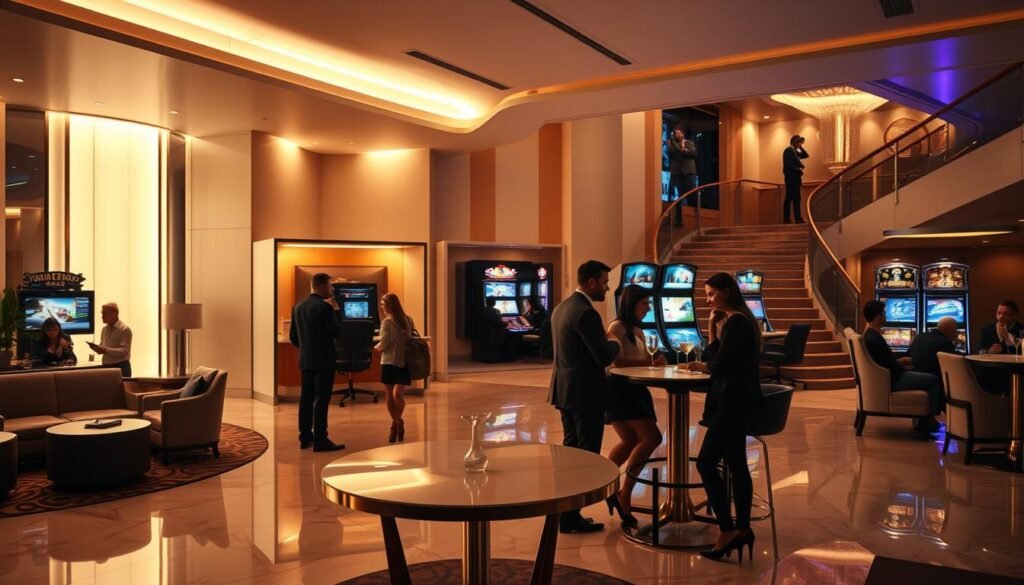 An intimate scene inside the elegant UTown entertainment complex, showcasing the refined user experience. The spacious lobby is bathed in warm, inviting lighting, with sleek marble floors and contemporary furnishings. In the foreground, a group of friends gather around a high-top table, engaged in lively conversation as they sip sophisticated cocktails. The middle ground reveals private gaming alcoves, where individuals are immersed in the excitement of their chosen activities, their faces illuminated by the soft glow of screens. In the background, a grand staircase leads to upper levels, hinting at the depth and variety of experiences awaiting visitors. An atmosphere of sophistication, comfort, and anticipation permeates the scene, reflecting the true charm of the UTown entertainment destination. An intimate scene inside the elegant UTown entertainment complex, showcasing the refined user experience. The spacious lobby is bathed in warm, inviting lighting, with sleek marble floors and contemporary furnishings. In the foreground, a group of friends gather around a high-top table, engaged in lively conversation as they sip sophisticated cocktails. The middle ground reveals private gaming alcoves, where individuals are immersed in the excitement of their chosen activities, their faces illuminated by the soft glow of screens. In the background, a grand staircase leads to upper levels, hinting at the depth and variety of experiences awaiting visitors. An atmosphere of sophistication, comfort, and anticipation permeates the scene, reflecting the true charm of the UTown entertainment destination.