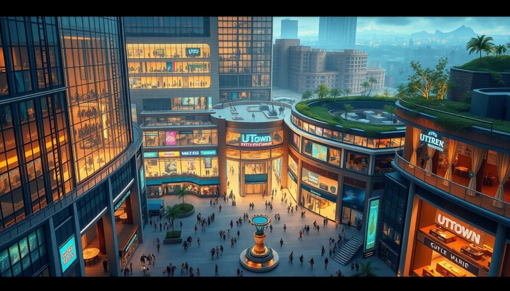 An intricately detailed illustration of the UTown entertainment complex, showcasing its hidden allure beyond just gaming. In the foreground, a central plaza bustles with life, featuring a striking modern architecture with sleek lines and glass facades. The middle ground reveals a vibrant array of shops, restaurants, and entertainment venues, each with its own unique character and charm. In the background, a serene rooftop garden provides a tranquil oasis, offering visitors a chance to unwind and appreciate the complex's multifaceted nature. Warm, diffused lighting casts a welcoming glow, accentuating the harmonious blend of function and aesthetics that defines the UTown entertainment experience.