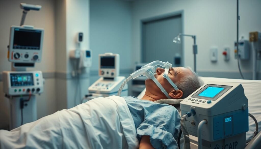 A clinical scene depicting the use of a ventilator machine in a hospital setting. The foreground shows a patient lying on a hospital bed, wearing a breathing mask connected to the iCareCPAP ventilator. The ventilator is positioned next to the bed, with its display panel and controls visible. The middle ground features medical equipment and supplies, while the background showcases the sterile, well-lit hospital environment with clean walls and floors. The scene conveys a sense of medical professionalism and the vital role of the ventilator in providing respiratory support to the patient. A clinical scene depicting the use of a ventilator machine in a hospital setting. The foreground shows a patient lying on a hospital bed, wearing a breathing mask connected to the iCareCPAP ventilator. The ventilator is positioned next to the bed, with its display panel and controls visible. The middle ground features medical equipment and supplies, while the background showcases the sterile, well-lit hospital environment with clean walls and floors. The scene conveys a sense of medical professionalism and the vital role of the ventilator in providing respiratory support to the patient.