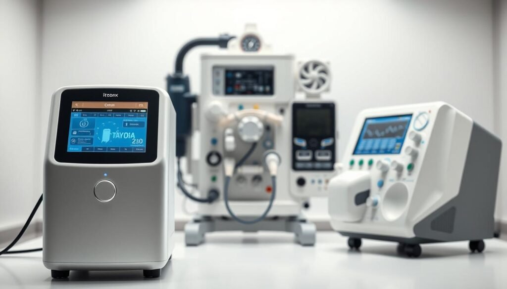 A detailed comparison of a sleep apnea machine and a traditional ventilator. In the foreground, the iCareCPAP sleep apnea machine, sleek and modern, with its iconic display and intuitive controls. In the middle ground, a traditional ventilator, bulky and industrial, with its array of knobs and gauges. The background showcases a minimalist medical setting, with clean white walls and subtle lighting, emphasizing the technological contrast. The image conveys the key differences in form, function, and clinical applications between these two essential respiratory devices, highlighting the specialized role of the iCareCPAP in sleep-disordered breathing management. A detailed comparison of a sleep apnea machine and a traditional ventilator. In the foreground, the iCareCPAP sleep apnea machine, sleek and modern, with its iconic display and intuitive controls. In the middle ground, a traditional ventilator, bulky and industrial, with its array of knobs and gauges. The background showcases a minimalist medical setting, with clean white walls and subtle lighting, emphasizing the technological contrast. The image conveys the key differences in form, function, and clinical applications between these two essential respiratory devices, highlighting the specialized role of the iCareCPAP in sleep-disordered breathing management.