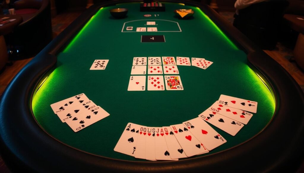 A neatly arranged table with a green felt surface, illuminated by warm overhead lighting. In the center, a spread of playing cards showcasing the rules and hand rankings of baccarat, the classic casino card game. The cards are meticulously placed, providing a clear visual guide to the fundamentals of baccarat gameplay. Surrounding the table, a subtle backdrop of casino ambiance, hinting at the excitement and allure of this strategic card game. The overall composition exudes a sense of sophistication and attention to detail, perfectly suited to illustrate the core mechanics of baccarat.