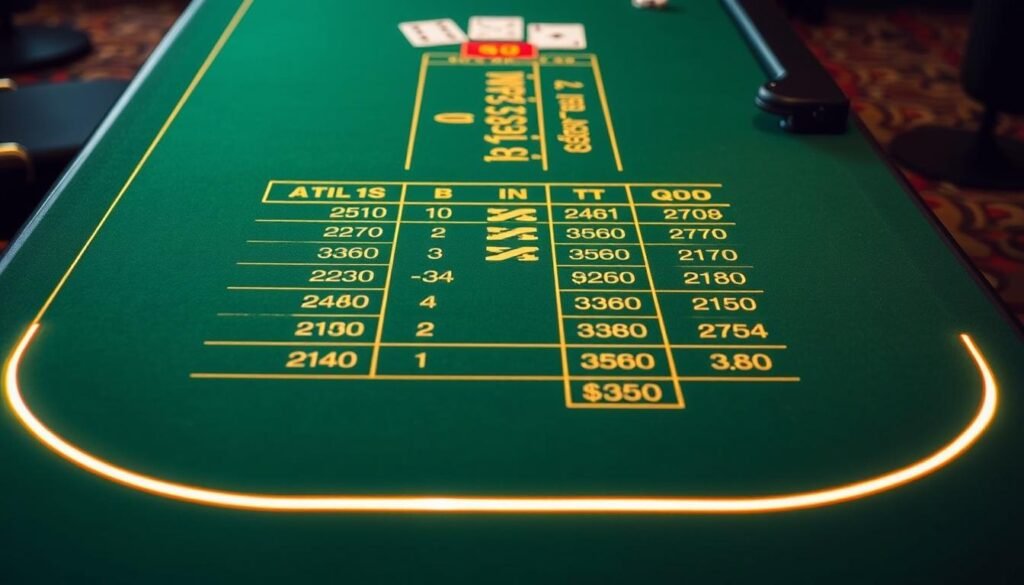 A neatly arranged table with a green felt surface, showcasing the detailed payout odds for a classic game of Baccarat. Crisp, high-contrast lighting illuminates the table's edges, drawing the viewer's attention to the precise numerical calculations. The background is slightly blurred, creating a sense of focus on the central gaming surface. The overall aesthetic is one of precision, logic, and the careful analysis of probability - reflecting the "計分系統" (scoring system) at the heart of Baccarat gameplay.