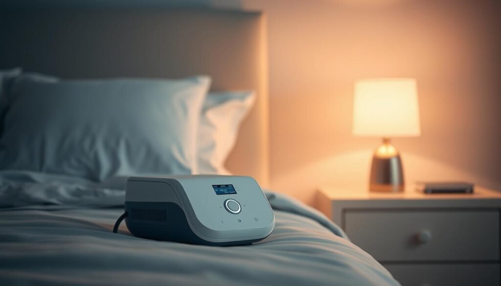 A sleek, modern iCareCPAP sleep apnea machine rests on a bedside table, its clean lines and muted tones blending seamlessly with the tranquil bedroom setting. Soft, diffused lighting from a nearby lamp casts a warm glow, creating an atmosphere of comfort and relaxation. The machine's intuitive interface and discreet design convey its advanced functionality, catering to the needs of the user for a restful, restorative sleep. In the background, a subtle pattern of gentle waves or soothing clouds lends a calming, almost meditative quality to the scene, reflecting the machine's role in promoting healthy sleep and overall well-being. A sleek, modern iCareCPAP sleep apnea machine rests on a bedside table, its clean lines and muted tones blending seamlessly with the tranquil bedroom setting. Soft, diffused lighting from a nearby lamp casts a warm glow, creating an atmosphere of comfort and relaxation. The machine's intuitive interface and discreet design convey its advanced functionality, catering to the needs of the user for a restful, restorative sleep. In the background, a subtle pattern of gentle waves or soothing clouds lends a calming, almost meditative quality to the scene, reflecting the machine's role in promoting healthy sleep and overall well-being.