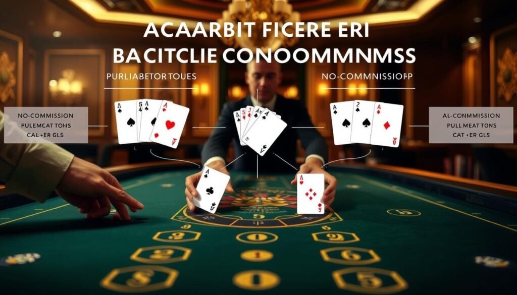 A visually striking illustration of the unique rules of baccarat without commission, set against a backdrop of a luxurious casino interior. In the foreground, a dealer's hands expertly deal the cards, with the distinctive asymmetric patterns of the baccarat table prominently featured. The middle ground showcases the key differences between the traditional and no-commission variants, communicated through intuitive visual cues. The background is bathed in a warm, golden light, evoking a sense of elegance and sophistication befitting the subject matter. Subtle, tasteful design elements accentuate the high-stakes atmosphere of the baccarat table, creating a captivating and informative image.