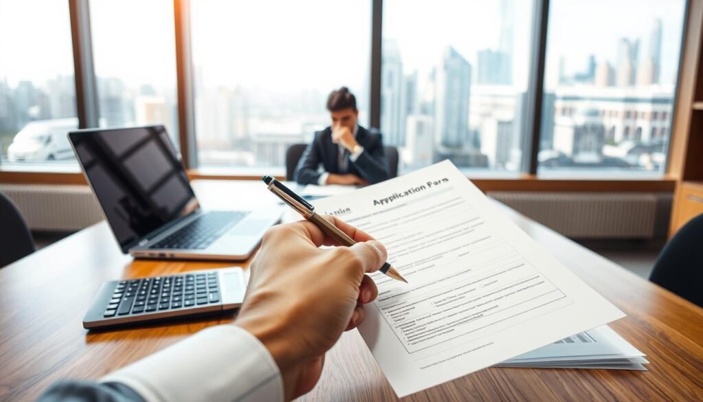 A well-lit office interior with a wooden desk, a laptop, a calculator, and a stack of documents. In the foreground, a hand holding a pen thoughtfully considers a loan application form. The middle ground features a person in business attire, deep in contemplation, surrounded by financial charts and graphs projected onto the wall. The background showcases a large window overlooking a bustling urban skyline, hinting at the broader economic context. The overall mood is one of careful deliberation and measured decision-making, with a touch of professional sophistication.