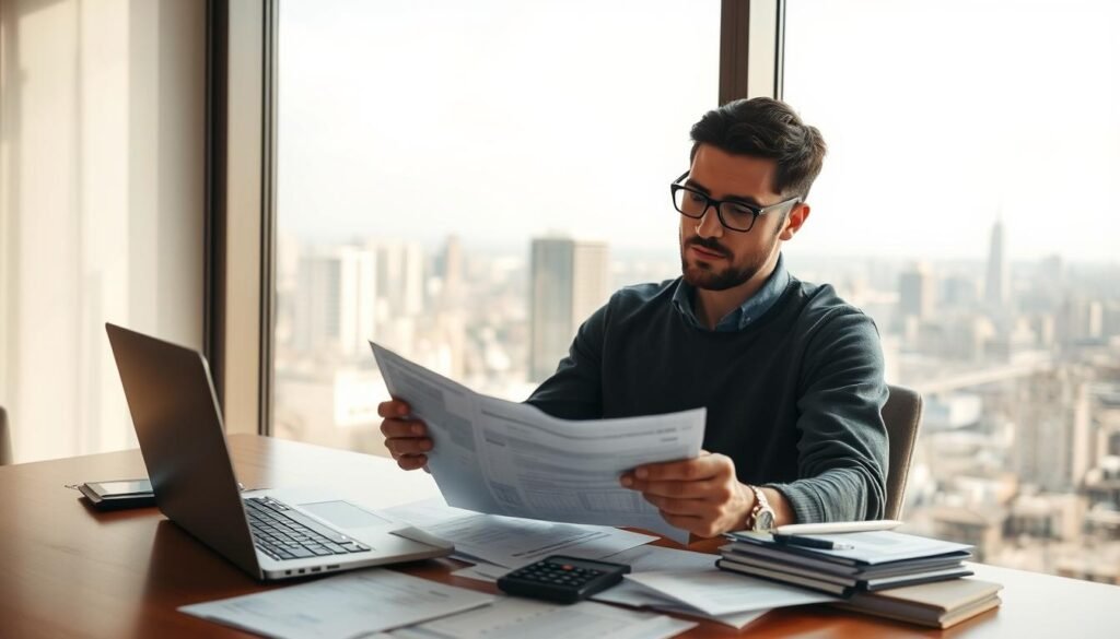 a detailed scene of a person sitting at a desk, carefully reviewing loan documents and financial statements, with a sense of focus and diligence. The desk is neatly organized, with a laptop, calculator, and various paperwork. The lighting is warm and diffused, creating a contemplative atmosphere. In the background, a large window offers a view of a bustling city skyline, symbolizing the importance of this financial decision. The individual's expression conveys a thoughtful, analytical mindset as they navigate the complexities of a private loan agreement.