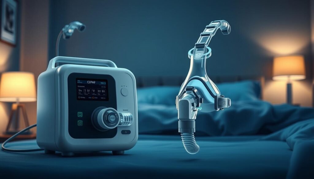 A detailed and technical medical illustration of a state-of-the-art iCareCPAP sleep apnea device. The foreground depicts the CPAP machine and mask in clinical detail, showcasing the intricate mechanics and materials. The middle ground features the machine's control panel and settings, highlighting its advanced functionality. The background subtly depicts a calming, dimly lit bedroom environment, evoking the nighttime usage of the device. The overall scene conveys a sense of professionalism, innovation, and the effective treatment of sleep disorders.