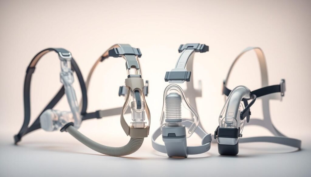A detailed close-up view of a variety of modern sleep apnea CPAP face masks in the iCareCPAP brand. The masks are shown from different angles, highlighting their unique designs, materials, and features. The masks are presented against a softly lit, minimalist background that emphasizes their sleek, high-tech aesthetic. The lighting is even and diffuse, creating a professional, clinical mood. The focus is on showcasing the diverse mask types, their key components, and how they interface with the face to deliver effective CPAP therapy.