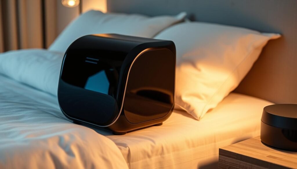 A sleek, minimalist medical device with a glossy black exterior, the iCareCPAP sleep apnea machine is the centerpiece of a well-designed, comfortable sleep environment. Soft ambient lighting illuminates the curved form, lending a sense of tranquility. The device is positioned on a modern, wood-grained nightstand, complementing the neutral tones of the bedroom. Crisp, white linens and plush pillows create an inviting, serene atmosphere, promoting restful, restorative sleep. The overall composition conveys a balance of functionality and aesthetic appeal, showcasing the iCareCPAP as a thoughtfully engineered solution for sleep therapy. A sleek, minimalist medical device with a glossy black exterior, the iCareCPAP sleep apnea machine is the centerpiece of a well-designed, comfortable sleep environment. Soft ambient lighting illuminates the curved form, lending a sense of tranquility. The device is positioned on a modern, wood-grained nightstand, complementing the neutral tones of the bedroom. Crisp, white linens and plush pillows create an inviting, serene atmosphere, promoting restful, restorative sleep. The overall composition conveys a balance of functionality and aesthetic appeal, showcasing the iCareCPAP as a thoughtfully engineered solution for sleep therapy.