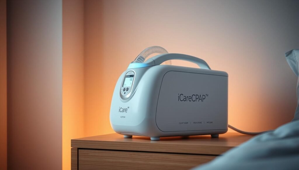 A medical-grade iCareCPAP sleep apnea machine, its sleek white exterior accented with subtly blinking indicator lights. The device rests on a simple wooden nightstand, illuminated by soft, warm lighting that casts a calming glow throughout the minimalist bedroom setting. The machine's advanced air flow technology and intuitive digital interface are visible, hinting at its sophisticated capabilities to provide effective respiratory support for a restful night's sleep. The overall composition conveys a sense of modern healthcare technology seamlessly integrated into a comfortable, relaxing domestic environment.