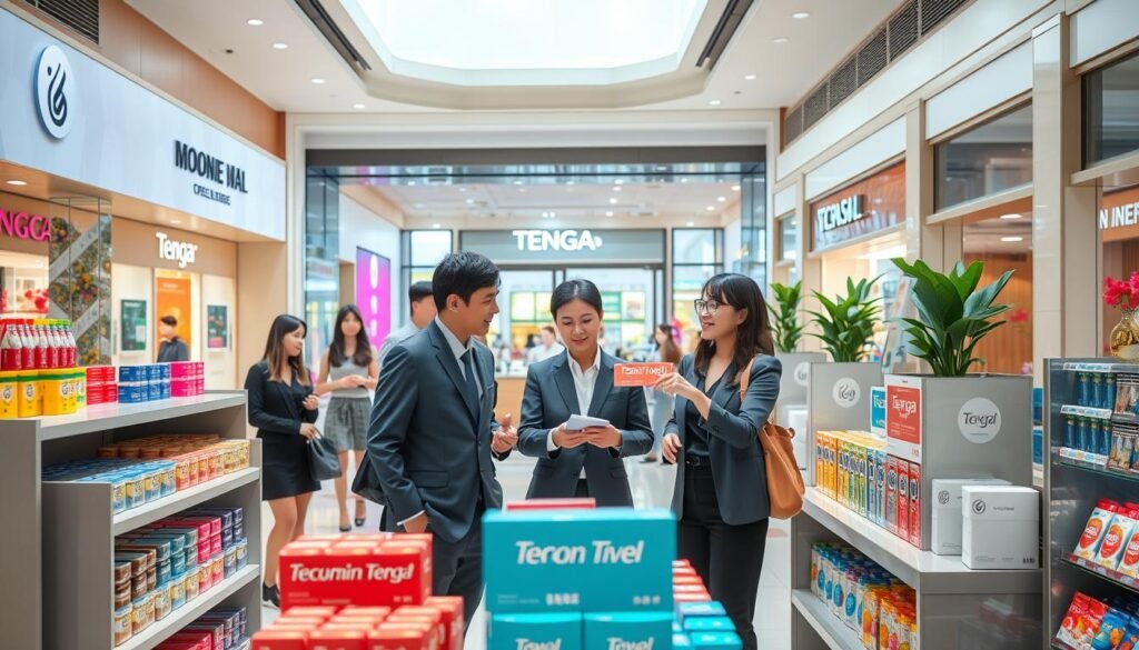 A brightly lit, modern shopping mall interior, showcasing the "Moon River Mall" entrance with elegant signage and decorative elements. In the foreground, a stylish display featuring a variety of colorful Tenga products, neatly arranged on sleek shelves. Friendly shoppers, dressed in professional business attire, are browsing and engaging with product information. In the middle ground, a friendly shop assistant is providing guidance to a customer, pointing to a Tenga飛機杯, emphasizing its features and benefits. Soft, natural lighting fills the space, creating an inviting atmosphere. The background features vibrant store facades and decorative plants, reinforcing a lively shopping experience. The overall mood is warm, informative, and encouraging, promoting a positive and comfortable shopping environment.