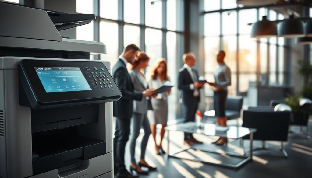 A modern office setting featuring a high-tech photocopier machine prominently in the foreground. The copier display shows a digital interface for secure printing options, emphasizing management of user permissions and safety protocols. In the middle ground, a diverse group of professionals, dressed in business attire, are engaged in a discussion while examining printing settings on a tablet. The background showcases a sleek office environment with large windows allowing natural light to flood the space, enhancing the professional atmosphere. Subtle shadows cast by the furniture create depth, while a soft-focus lens effect draws attention to the copier and the engaged teamwork. The overall mood is collaborative and focused, highlighting the importance of security in shared office equipment.