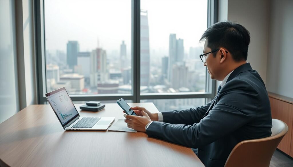 A modern workspace showcasing an individual focused on managing eSIM data effectively in South Korea. In the foreground, a person dressed in professional business attire is sitting at a sleek wooden desk, intently examining a smartphone and a laptop displaying network settings. In the middle ground, colorful charts and graphs illustrating data usage trends and management techniques are visible on the screen. The background features a window revealing a bustling cityscape of Seoul, symbolizing technology and connectivity. Soft, natural lighting streams in, creating a bright and motivating atmosphere. The overall mood is professional and efficient, emphasizing a clear understanding of data management strategies without any distractions or clutter in the environment.