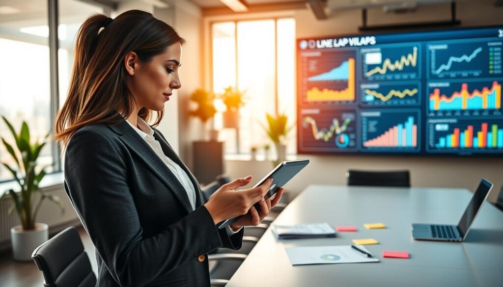 A professional office environment, showcasing a large digital display with graphs and data visualizations related to "LINE LAP" advertising effectiveness evaluation. In the foreground, a well-dressed businesswoman examining the data on a tablet, showcasing her thoughtful expression. In the middle ground, a sleek conference table with charts, colored sticky notes, and a laptop, emphasizing a collaborative work atmosphere. The background features modern office decor, large windows letting in soft natural light, and a green indoor plant to add a touch of nature. The mood is focused and productive, with warm lighting to create an inviting ambiance, highlighting the innovative approach to performance metrics in advertising evaluation.