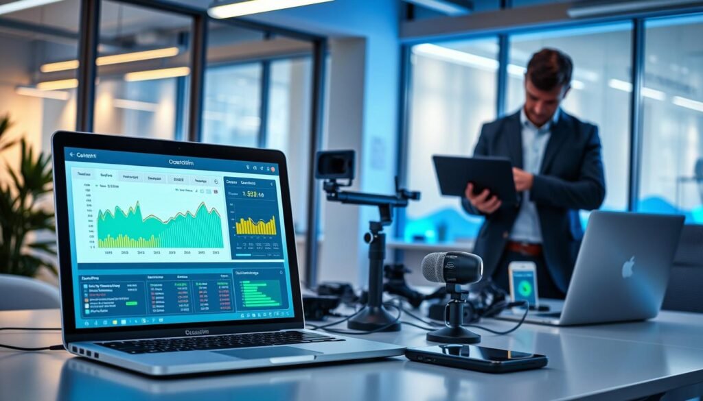 A visually engaging scene showcasing a professional workspace dedicated to "OceanEsim" network optimization for live streaming. In the foreground, a laptop displays a vibrant interface showing upload speed metrics, with colorful graphs and data analytics. To the right, a person in smart casual attire is intently analyzing performance reports, surrounded by a few high-tech gadgets and streaming equipment. The middle ground features a sleek desk with a high-quality microphone, webcam, and ambient lighting that enhances focus while evoking a productive atmosphere. The background consists of a modern office setting featuring large windows with natural light illuminating the room and hints of ocean-themed décor. The overall mood conveys innovation and efficiency, emphasizing the importance of uploading speed in live streaming.