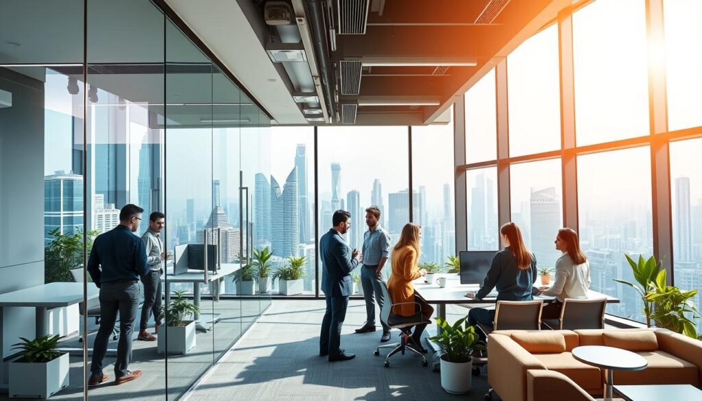 A modern serviced office and shared workspace in Central, Hong Kong, showcasing sleek, ergonomic furniture like standing desks and collaborative seating areas. In the foreground, a glass-walled meeting room, filled with natural light from large windows, features a professional group of diverse individuals dressed in smart business attire engaged in collaboration. The middle ground presents an open-plan layout with vibrant greenery, stylish decor, and advanced tech amenities, such as high-speed internet and smart boards. The background displays a panoramic city view of Hong Kong skyscrapers under a bright, sunny sky. The lighting is bright and uplifting, creating an energetic atmosphere that embodies the innovation and dynamic spirit of modern business in the heart of a bustling metropolis.