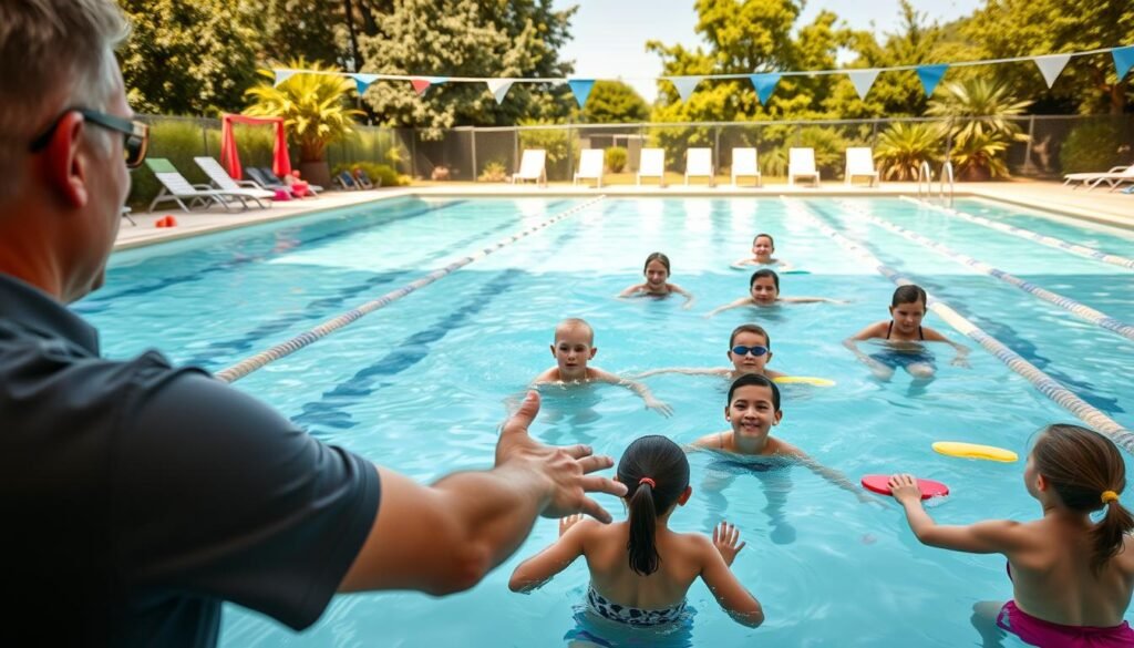 A professional swimming coach conducting a swimming training session at a summer swim class. In the foreground, the coach, wearing a smart polo shirt and shorts, demonstrates proper strokes in a clear, instructive manner. The middle ground features eager students of various ages in a crystal-clear pool, focused on their techniques, some practicing on kickboards. The background showcases a bright, sunny day with lush greenery surrounding the pool, and children’s swim gear neatly arranged by the poolside. Soft, natural lighting emphasizes the energetic and positive atmosphere of the training session. The perspective captures the excitement of learning to swim, highlighting the importance of skilled instruction in a fun and approachable setting.