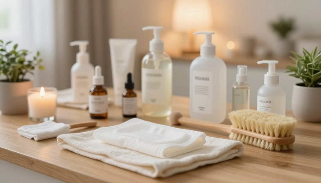 A serene and inviting scene showcasing a well-organized workstation dedicated to the care of personal wellness items. In the foreground, a soft, elegant cloth lays on a wooden surface, neatly displaying a variety of cleaning tools such as gentle wipes, a soft brush, and a small bottle of pH-balanced cleaner. The middle ground features an assortment of stylish, non-intrusive personal wellness items—each artistically arranged to emphasize hygiene and care. The background is softly blurred but reflects a cozy atmosphere with warm lighting from a nearby lamp, casting a soft glow that enhances the romantic vibe. A few delicate plants or candles add to the intimate setting, while maintaining a professional aesthetic. The overall mood is soothing, inviting couples to prioritize care and connection.