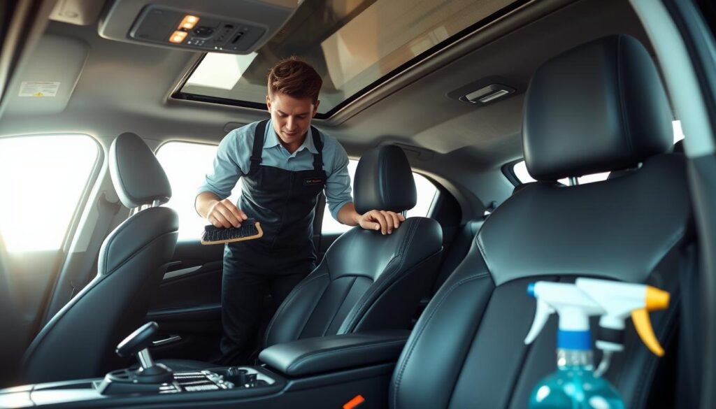 A modern car interior during a professional cleaning session, showcasing a meticulous process of car seat and cabin maintenance. In the foreground, a technician in a smart uniform gently cleaning leather seats with a brush and eco-friendly cleaning solution. The middle ground features tools like vacuum cleaners, brushes, and disinfectant sprays neatly organized. In the background, bright, natural light filters through the car windows, highlighting the clean, fresh atmosphere of the space. The image should convey a sense of professionalism and care, with a focus on hygiene and meticulous detail in every aspect of car cleaning. Capture the environment from a slightly elevated angle to emphasize the cleaning process and tools used, enhancing the overall mood of cleanliness and expertise.