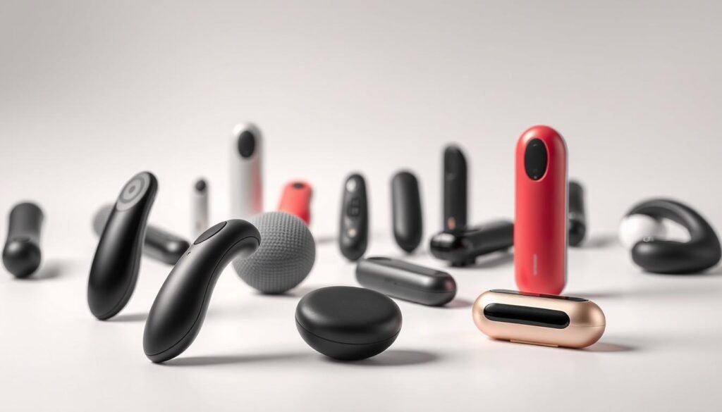 A stylish display of various types of wireless remote-controlled silent vibrating devices arranged artfully on a clean, white background. In the foreground, focus on three distinct products: a sleek, ergonomic design, a textured surface option, and an elegant, compact model, each presented with enticing angles to showcase their features. In the middle ground, slightly blurred outlines of additional varieties can be seen, indicating a broader selection. Soft, diffused lighting emphasizes the contours and colors of each product, creating an inviting atmosphere. The backdrop remains simple and unobtrusive, ensuring that the focus stays on the devices themselves. The overall mood is modern, chic, and sophisticated, making it suitable for a professional audience interested in understanding the different types of these products.