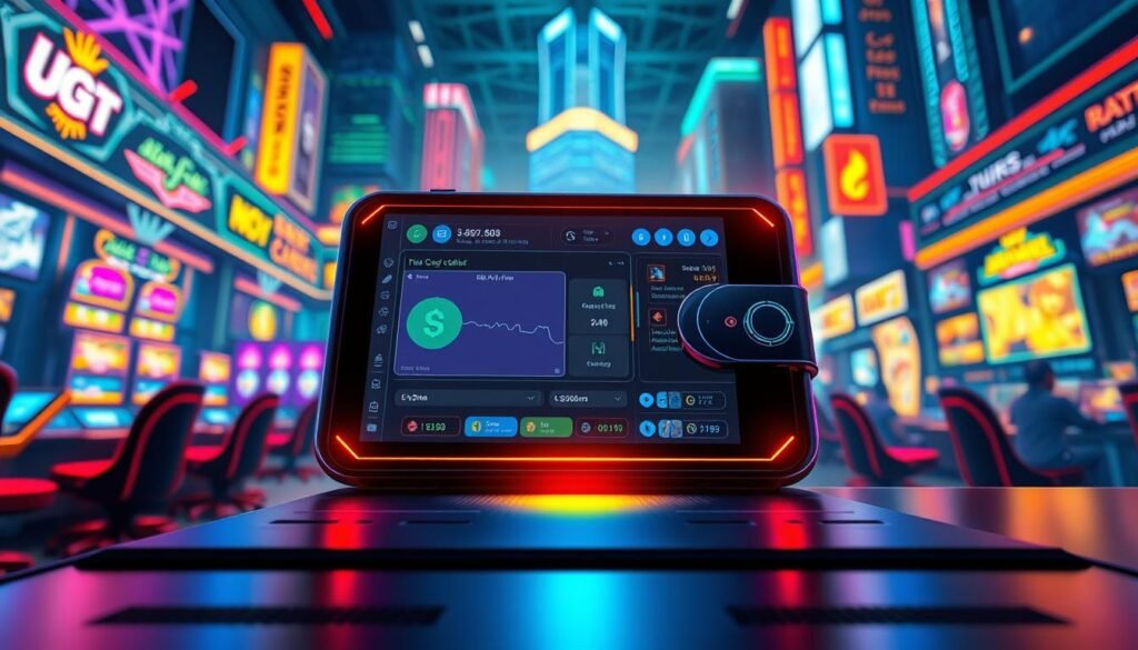 A digital illustration depicting the concept of a cryptocurrency wallet operating within the context of UG Entertainment City. In the foreground, a sleek, high-tech electronic wallet interface is shown with vibrant colors, displaying real-time transaction data and notifications. The middle ground features abstract representations of game halls with flickering lights, symbolizing the gaming environment. In the background, a stylized skyline of a virtual gaming city with animated neon signs and digital screens adds depth. Use bright, dynamic lighting to enhance the futuristic vibe, with a slight glow highlighting the wallet interface. The angle should be a dramatic close-up that emphasizes the wallet's importance amidst the bustling gaming atmosphere, conveying a sense of urgency and focus relevant to the topic of display delays.