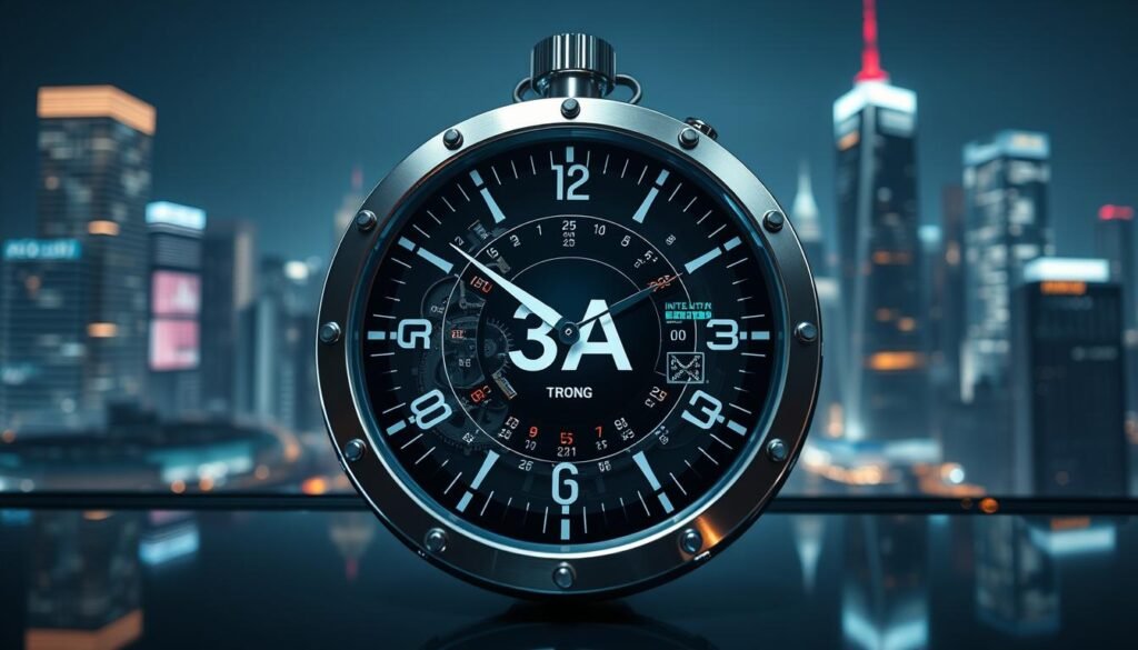A high-precision clock prominently features the brand name "3A" at the center, radiating an aura of technological sophistication. The foreground showcases intricate mechanical gears and circuits, emphasizing the clock's precision components. In the middle ground, a sleek digital interface displays live data streams, suggesting real-time synchronization across global networks. The background is a softly blurred cityscape at night, with glowing skyscrapers illustrating the vast reach of the 3A digital entertainment platform. The lighting is cool and modern, highlighting the metallic surfaces and creating reflections that evoke a sense of innovation. The atmosphere is one of urgency and reliability, conveying the critical importance of accurate timekeeping in digital entertainment. The image captures the essence of technology in harmony with urban life, focusing on the clock as a linchpin for global connectivity.