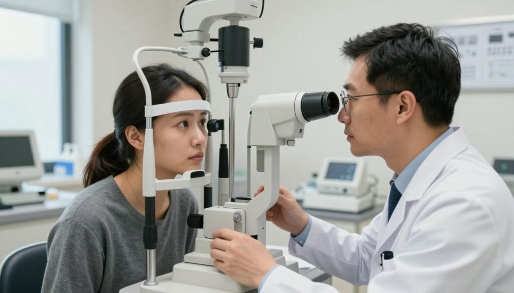 A professional eye specialist examining a patient in a modern ophthalmology clinic. In the foreground, the eye doctor, wearing a white lab coat with professional attire underneath, focuses intently on the eye examination. The specialist is using a slit lamp to check the patient’s eyes, which is clearly visible with intricate details of the device. In the middle ground, the patient is seated, looking calm and engaged, with a concerned expression indicating the importance of the examination. The background features a well-organized clinic with medical equipment, soft lighting, and a view through a window showing a bright, clear day outside. The overall mood is one of professionalism and urgency, highlighting the importance of seeking immediate help for eye conditions.