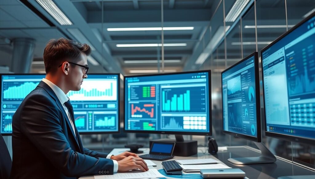 A modern and sophisticated data audit system interface displayed in an office environment, featuring multiple screens with graphs, logs, and user activity reports. In the foreground, a professional in business attire is focused on analyzing data. The middle layer includes details of the sleek desk setup with various electronic devices and papers neatly organized. The background showcases a high-tech office with soft, ambient lighting highlighting the screens, creating an atmosphere of transparency and professionalism. The scene should have a calming blue and white color scheme, emphasizing clarity and efficiency, with reflections on glass surfaces to symbolize openness and accountability. The perspective is slightly elevated to capture the user's engagement with the digital system.