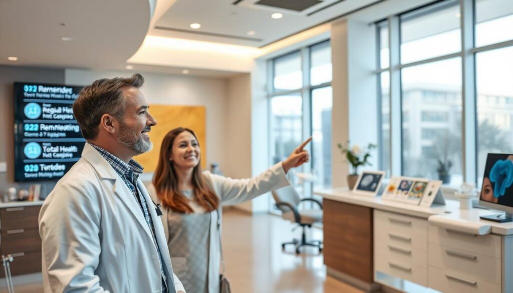 A modern dental clinic reception area, showcasing advanced technology and a professional atmosphere. In the foreground, a friendly dentist in a white coat consults with a patient, both smiling and engaged in conversation. The dentist is pointing to a digital screen displaying reminders for regular check-ups and treatment schedules. In the middle ground, sleek dental equipment and a well-organized reception desk with brochures on oral health are visible. The background features large windows allowing natural light to flood in, creating a warm and inviting ambiance. Soft, neutral lighting accentuates the cleanliness and professionalism of the environment. The overall mood is reassuring and proactive, emphasizing the importance of regular dental visits.