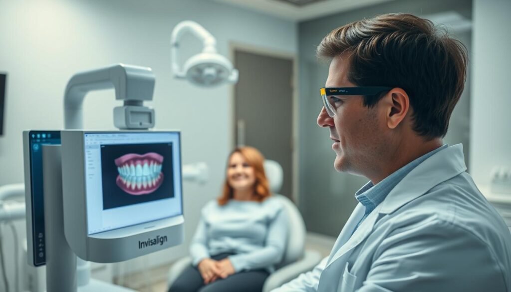 A modern dental office setting where a professional dentist is utilizing a high-tech digital intraoral scanner to create a 3D treatment plan for Invisalign. In the foreground, a dentist wearing a white coat and protective eyewear focuses intently on the scanner, with a screen displaying detailed images of a patient's teeth. In the middle ground, a patient sits comfortably in a dental chair, looking at the dentist with a hopeful expression. The background features dental equipment and bright ambient lighting that creates a clean, inviting atmosphere. Use natural lighting to highlight the interaction, while maintaining a crisp and professional look. The overall mood should be reassuring and innovative, emphasizing the advanced technology in dental care.
