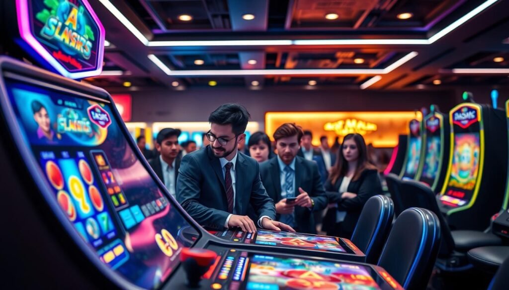 A vibrant and dynamic scene showcasing a high-end gaming lounge dedicated to 3A entertainment experiences. In the foreground, a sleek and modern gaming machine displays colorful graphics, with animated symbols of classic slots swirling around. In the middle, a diverse group of focused gamers, dressed in professional business attire, interact with various gaming consoles, their expressions reflecting excitement and anticipation. The background features soft LED lighting that creates an immersive atmosphere, highlighting the gaming environment with warm hues. The overall mood conveys a sense of community and high energy, inviting players to engage with high-stakes, smooth gameplay. The image should have a cinematic depth of field, drawing attention to the gamers and the gaming machine while subtly blurring the background to enhance focus.